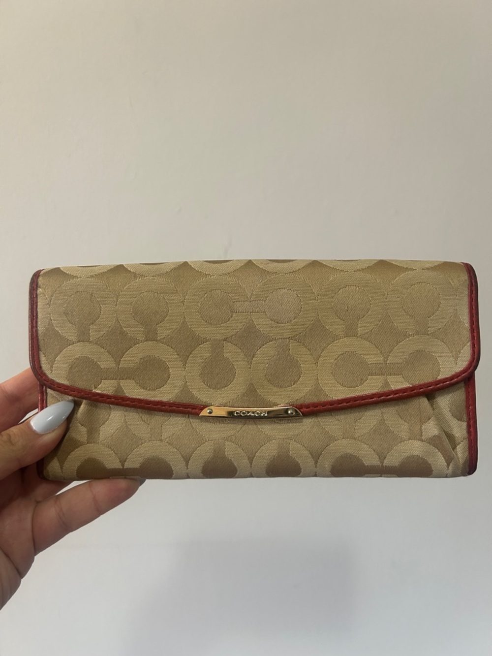Coach Khaki Signature Wallet with Red Trim